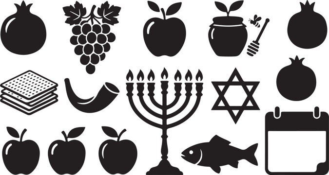 Jewish holiday icons, Rosh Hashanah symbols, Hanukkah vector set isolated on Transparent Background