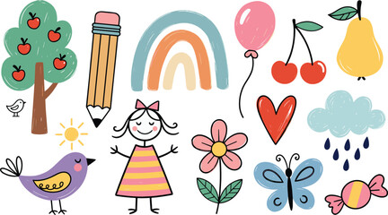 Cute doodle cartoon vector set. Pastel rainbow, apple tree and little girl sketch collection. Hand drawn childhood illustration in flat design style for kids. © SNOW EVA