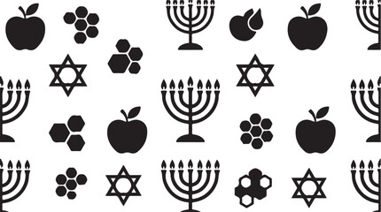 Fototapeta premium Rosh Hashanah seamless pattern, Jewish holiday icons, black vector isolated on Transparent Background
