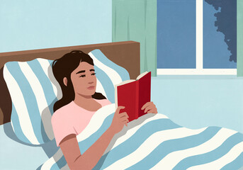 Woman reading book in bed at night