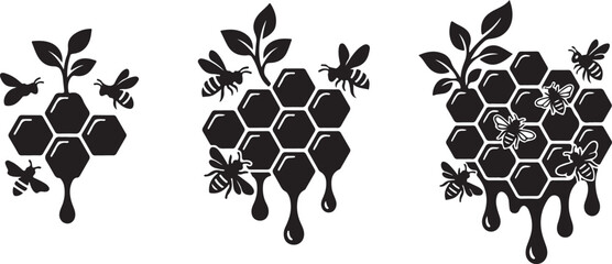 Honey bee honeycomb icons, black honey drip vector, organic bee logo isolated on Transparent Background © Rana
