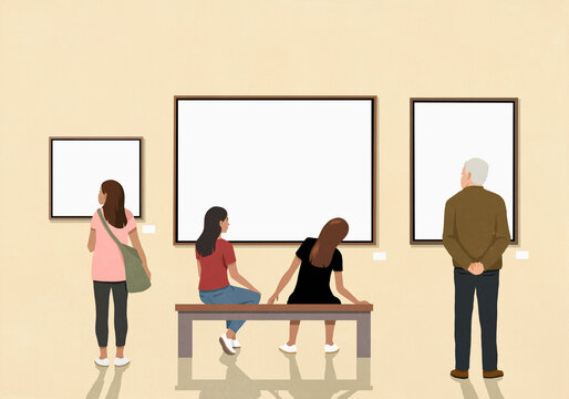 Visitors looking at art hanging on museum wall