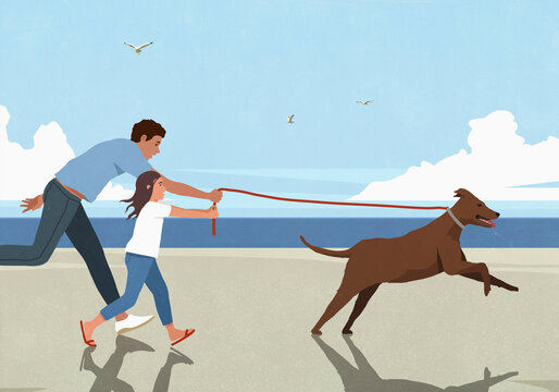 Father and daughter trying to keep up with energetic dog on leash on sunny beach