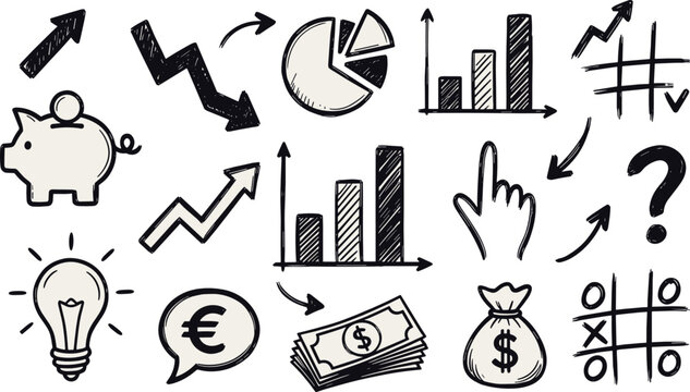 Business infographic doodle vector set. Financial charts, money and piggy bank sketch collection. Hand drawn economy illustration in monochrome style for presentation design.