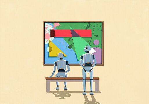 Humanoid robots analyzing painting hanging on wall in art museum