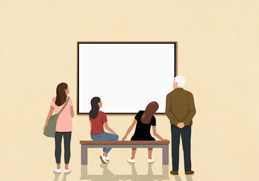 Visitors looking at art hanging on museum wall