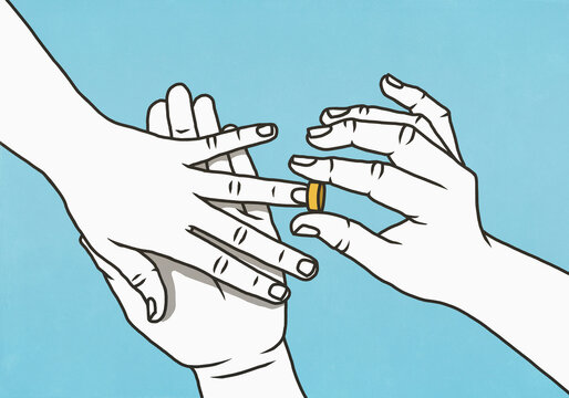View from above hands placing engagement ring on partner's finger