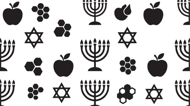 Rosh Hashanah seamless pattern, Jewish holiday icons, black vector isolated on Transparent Background