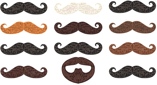 Vintage mustache engraving vector set. Retro facial hair styles and barber sketch collection. Hand drawn gentlemen illustration in colored line art for design.