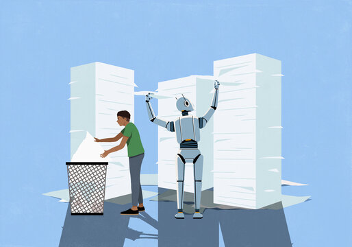 Humanoid robot and man sorting and throwing away documents