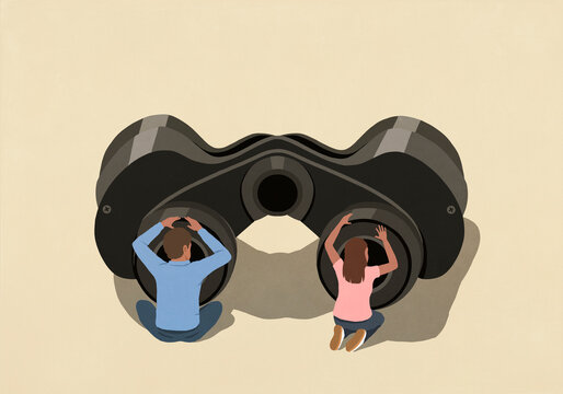 Man and girl looking through large binoculars against beige background