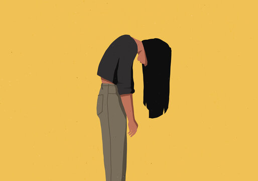 Woman bent over with face obscured in her long hair against yellow background
