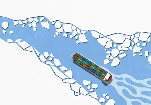 View from above of container ship moving among ice on water surface
