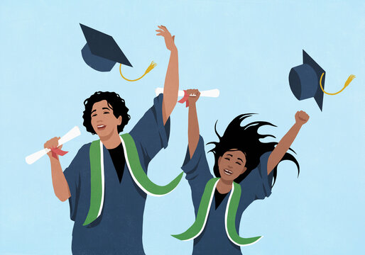 Happy college graduates in caps and gowns celebrating, cheering with diplomas