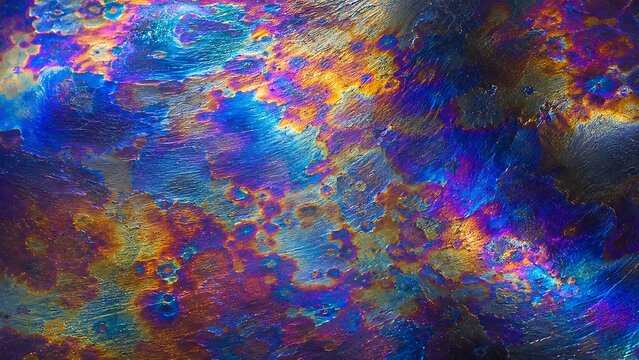 Close-up of an iridescent surface displaying a vibrant array of colors, resembling an oil slick or oxidized metal with a shimmering, abstract pattern.