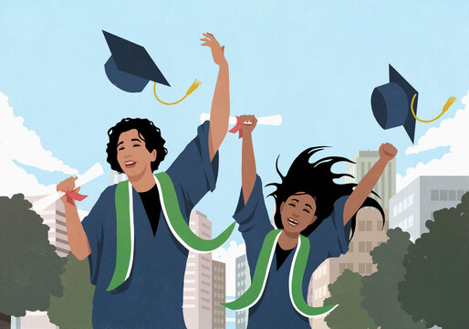 Happy young adults in cap and gown celebrating graduation in city