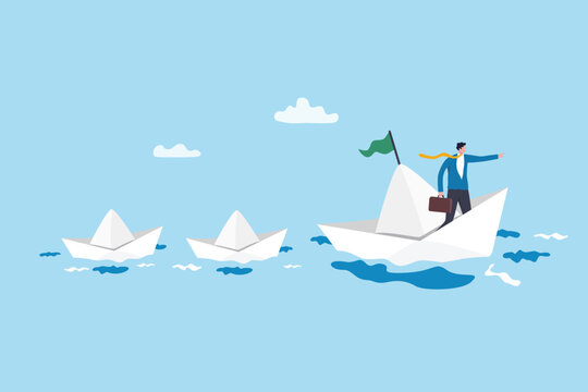 Leadership to lead team direction, management or guidance, courage to go difference to success, authority, domination or power to drive company, businessman sailing lead ship to follow the same path.