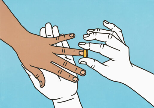 Hands placing engagement ring on ring finger against blue background