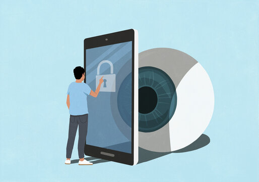 Large eyeball watching man at smart phone touch screen with padlock