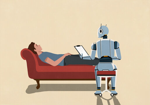 Humanoid robot therapist with clipboard listening to man laying on chaise lounge