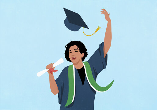 Excited college student with diploma throwing cap at graduation against blue background