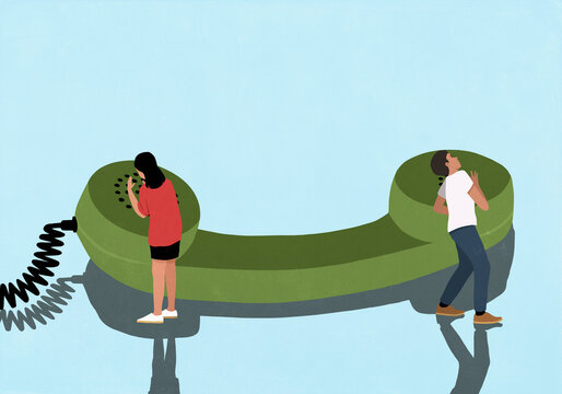 Man and woman at opposite ends of large green telephone receiver against blue background