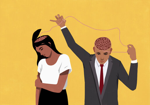 Man pulling at string in his brain connected to woman's brain