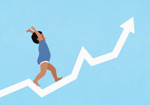 Baby boy walking up ascending arrow against blue background