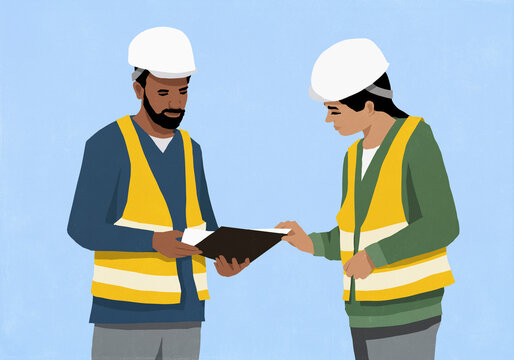 Engineers in hard hats and reflective vests discussing paperwork