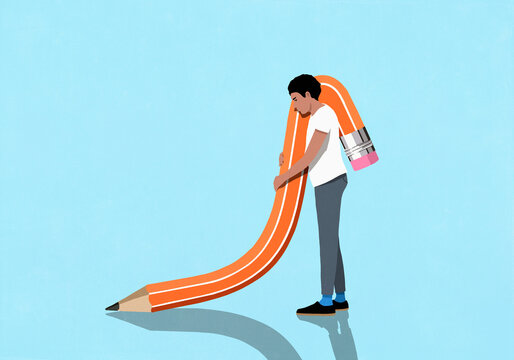 Man holding floppy pencil against blue background