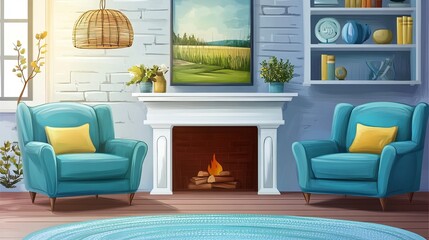 Obraz premium Cozy Living Room Interior Design with Two Comfortable Blue Armchairs and Fireplace in Pastel Tones