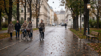 Obraz premium Autumn Shared Lane Cycling and Walking Scene in Vienna After Rain