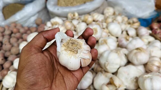 Full frame close up view of a large pile of fresh raw garlic bulbs in a market.