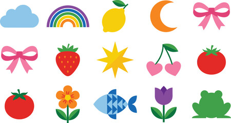 Obraz premium Cute colorful vector flat sticker collection with rainbow cloud lemon moon bow strawberry star cherry tomato flower fish and frog isolated on white background