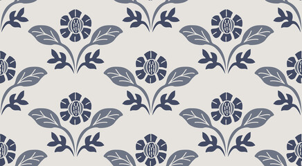 Folk floral seamless repeat pattern symmetrical botanical surface design. © Tri Trisuphat
