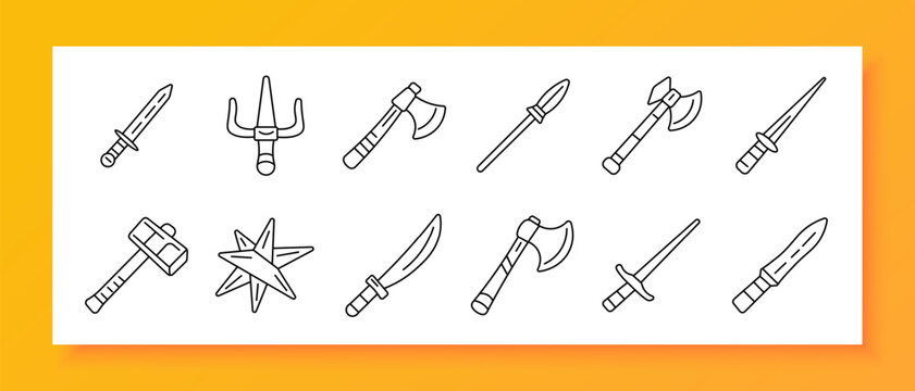 Weapon equipment set icon. Line icons display straight sword, sai tool, battle axe, spear, halberd, dagger, hammer, shuriken star, curved sword, double axe, long blade variations