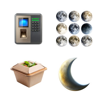 Collage of a time clock moon phases and a food container isolated on transparent background