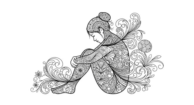 Sitting woman illustration with decorative floral zentangle patterns