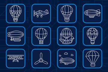 Air transport set icon. Hot air balloon, airship, airplane, propeller, parachute, aviation, flight, travel, adventure, cargo, navigation, tourism, sky transportation. © Кирилл Макаров