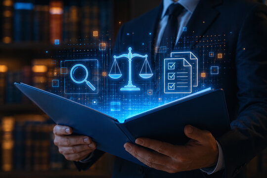 Businessman or lawyer holding open book with glowing digital legal icons. Scales of justice and compliance concept for law firm, legal services, and regulatory technology (RegTech).