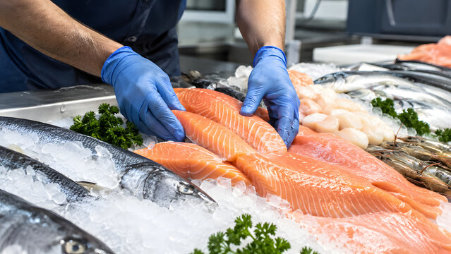 Gloved hands preparing fresh salmon fillet on ice