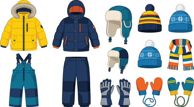 Flat vector children winter outerwear collection with puffer jackets snow pants ski overalls trapper hats beanies scarf gloves and mittens isolated on white background