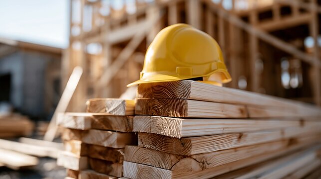 Yellow hard hat placed on stacked lumber in front of a timber-framed building. Construction materials and safety concept for home building, architecture and contractor advertising