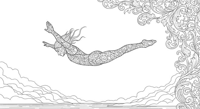 Stylized woman swimming among clouds and floral patterns line art.