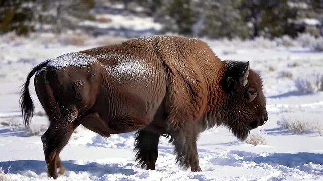 Massive American Bison Standing In A Snowy Yellowstone-Style Winter Landscape, Showcasing Strength And Resilience In Nature