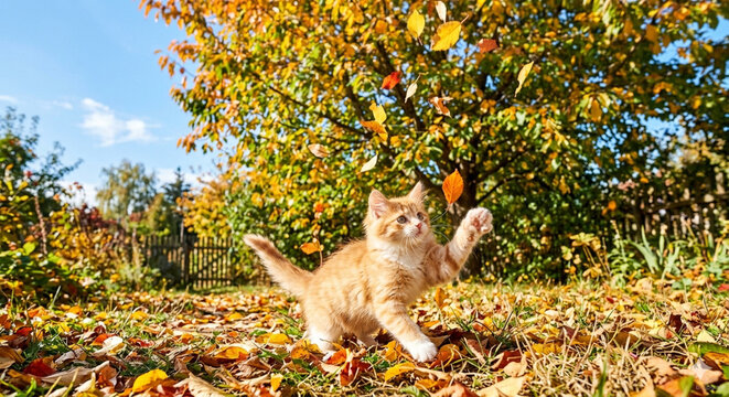 Anak kucing oranye melompat riang mencoba menangkap daun musim gugur yang gugur.