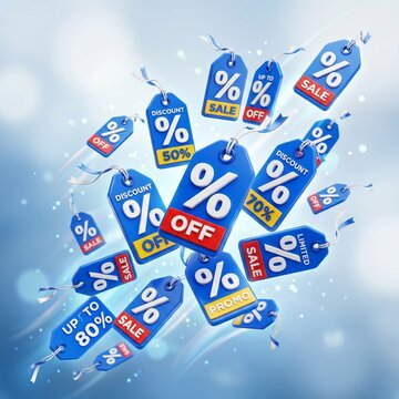 Set Flying biru 3D diskon tag dengan tanda persen, terisolasi pada latar belakang. Label kupon untuk promosi, penjualan, spanduk.

