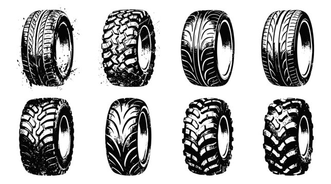 Grunge Tire Tread Prints Black and White Vector Icon Set