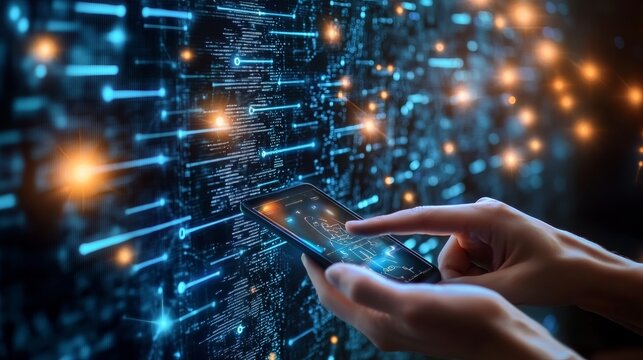 Futuristic Person Using A High Tech Smartphone With Digital Data Streams And Holographic Interface