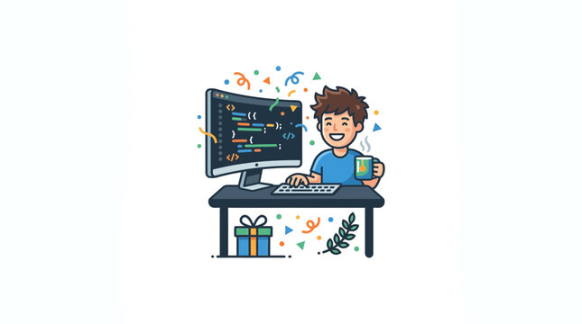 Happy programmer coding with coffee cup at desk with decorations